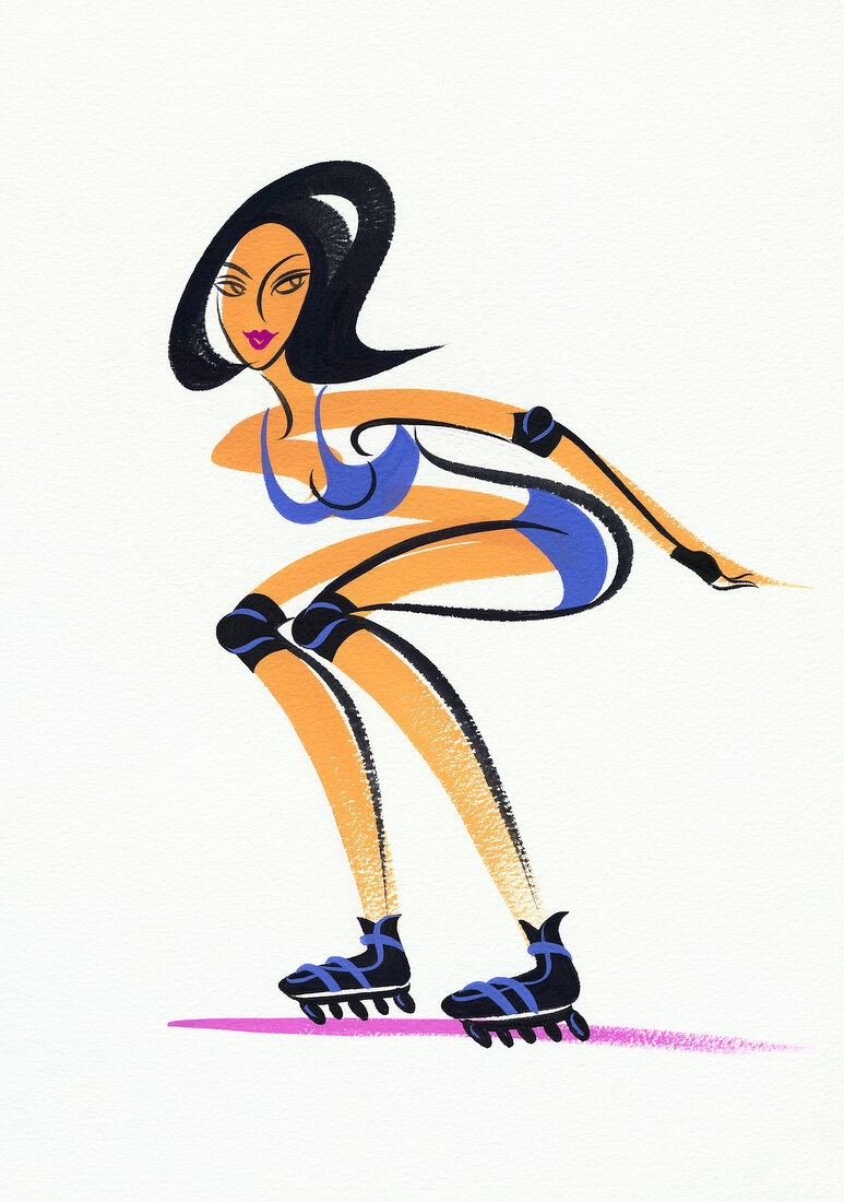 Illustration of woman bending while skating, sidestep technique against white background