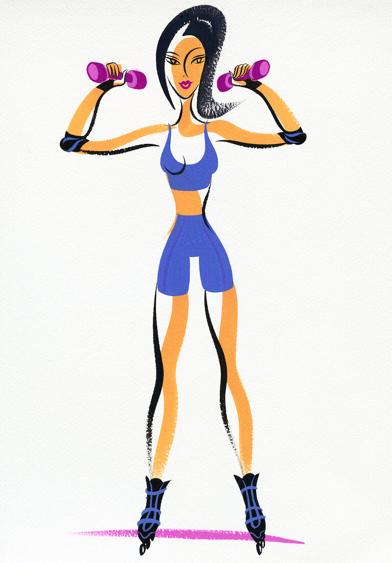 Illustration of woman standing on skating track with dumbbells doing bicep curl workout 