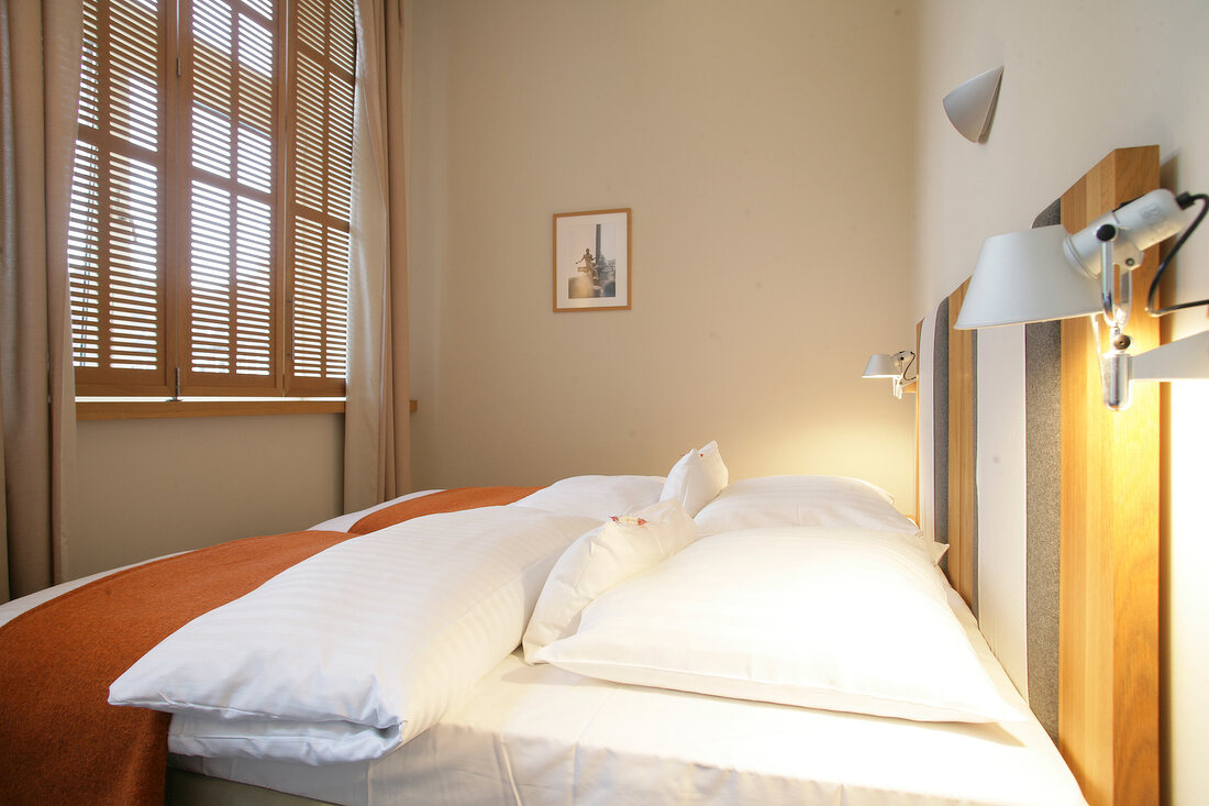 Bedroom with bed, cushion, lamp and picture frame in hotel, Germany