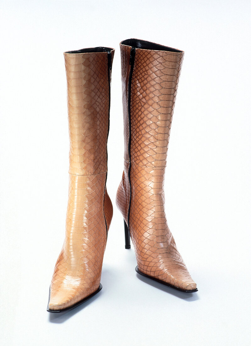 Snake print boots on white background