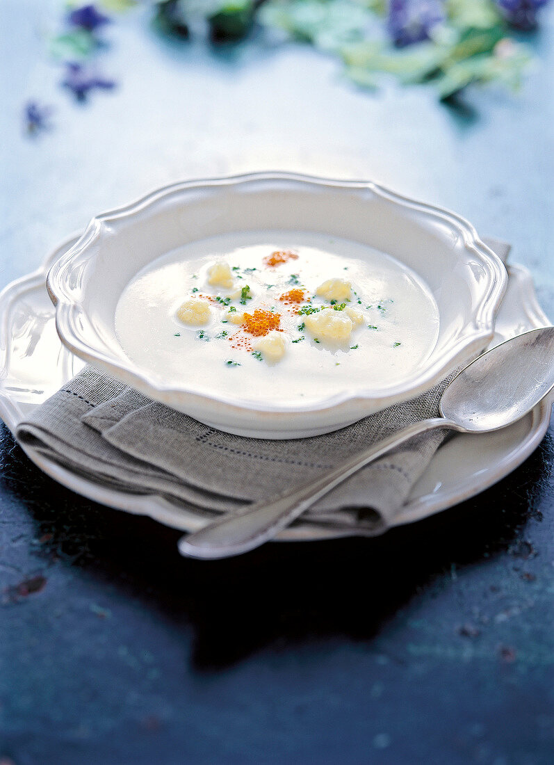 Frozen cauliflower soup in bowl