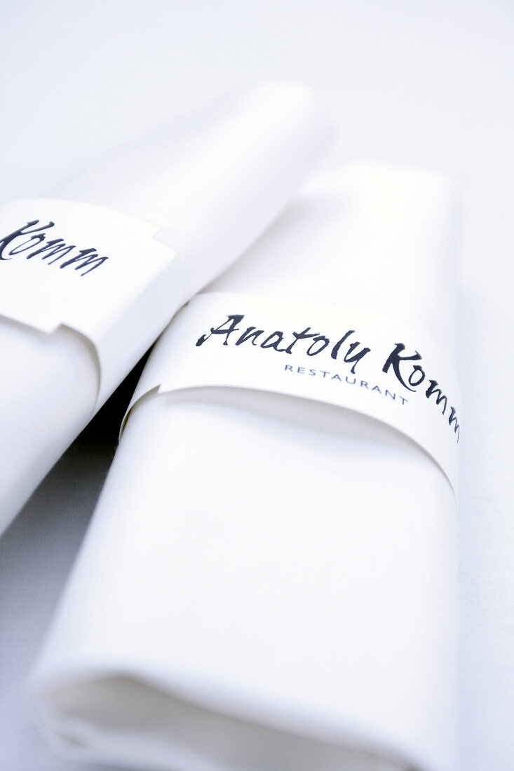 Close-up of white napkins of Anatoly Komm restaurant in Moscow, Russia