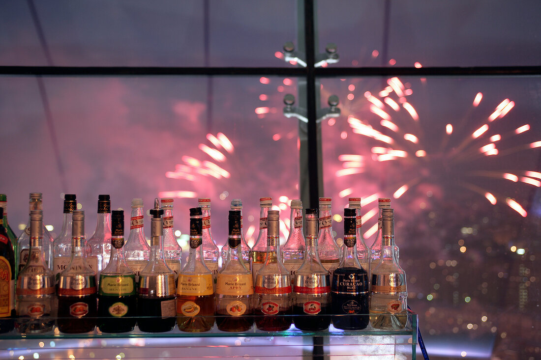 Bottles of alcohol in City space bar, Swissotel, Moscow, Russia, Blur