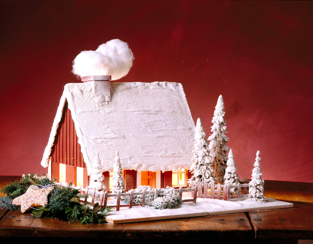 Gingerbread with pine trees and snow in the form of illuminated witch house for Christmas