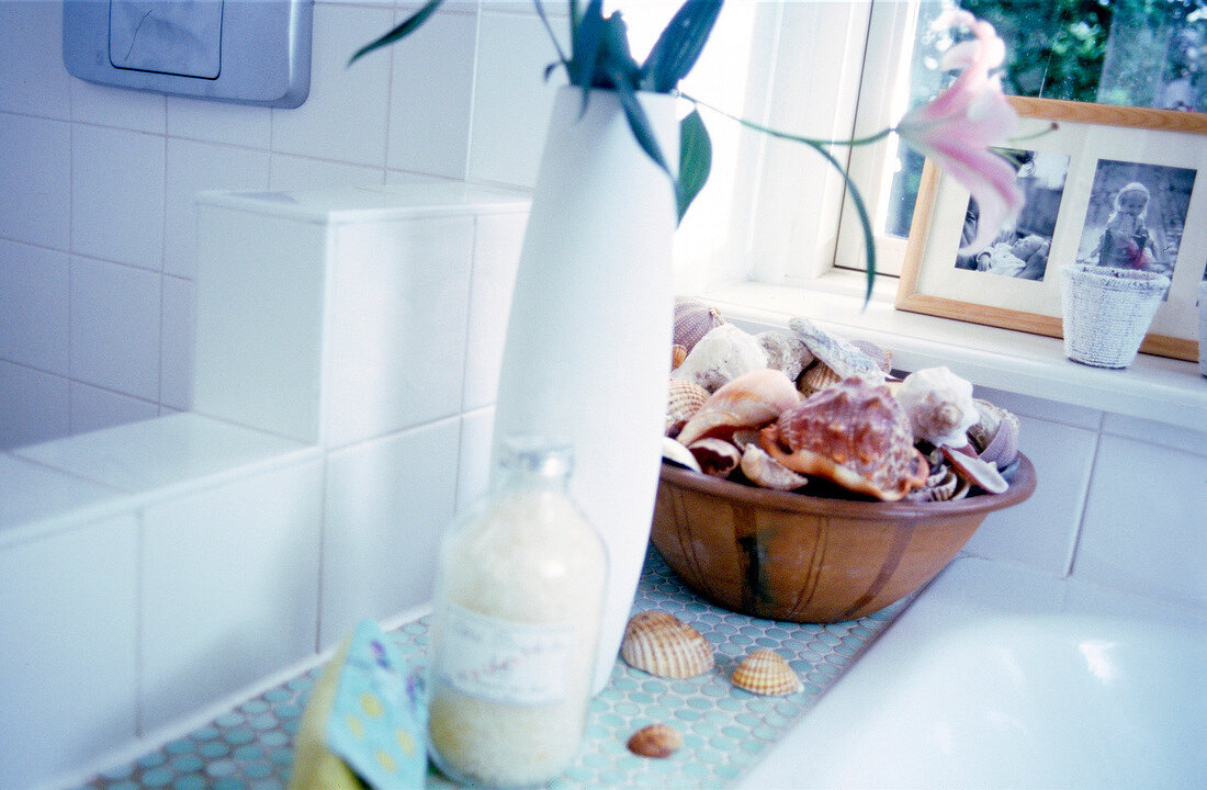 Bathroom decorated with vase, mussels and shells on the rim