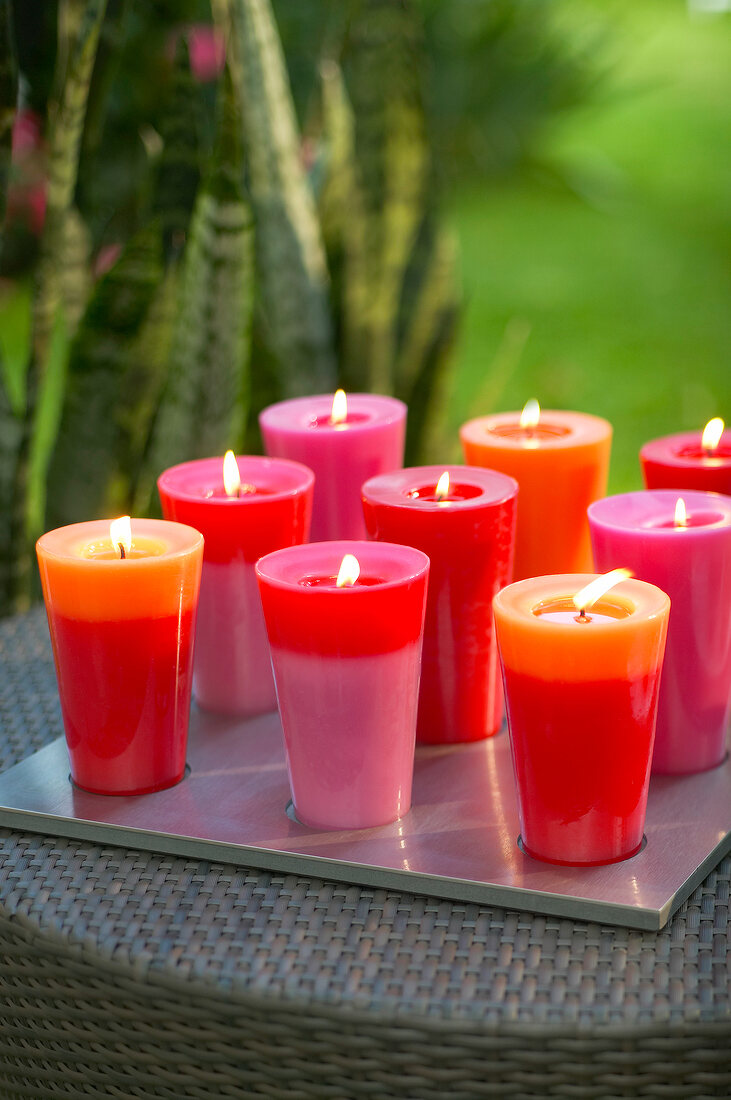 Kerzen in zwei verschiedenen Farben stehen auf einem Tablett im Garten.x
