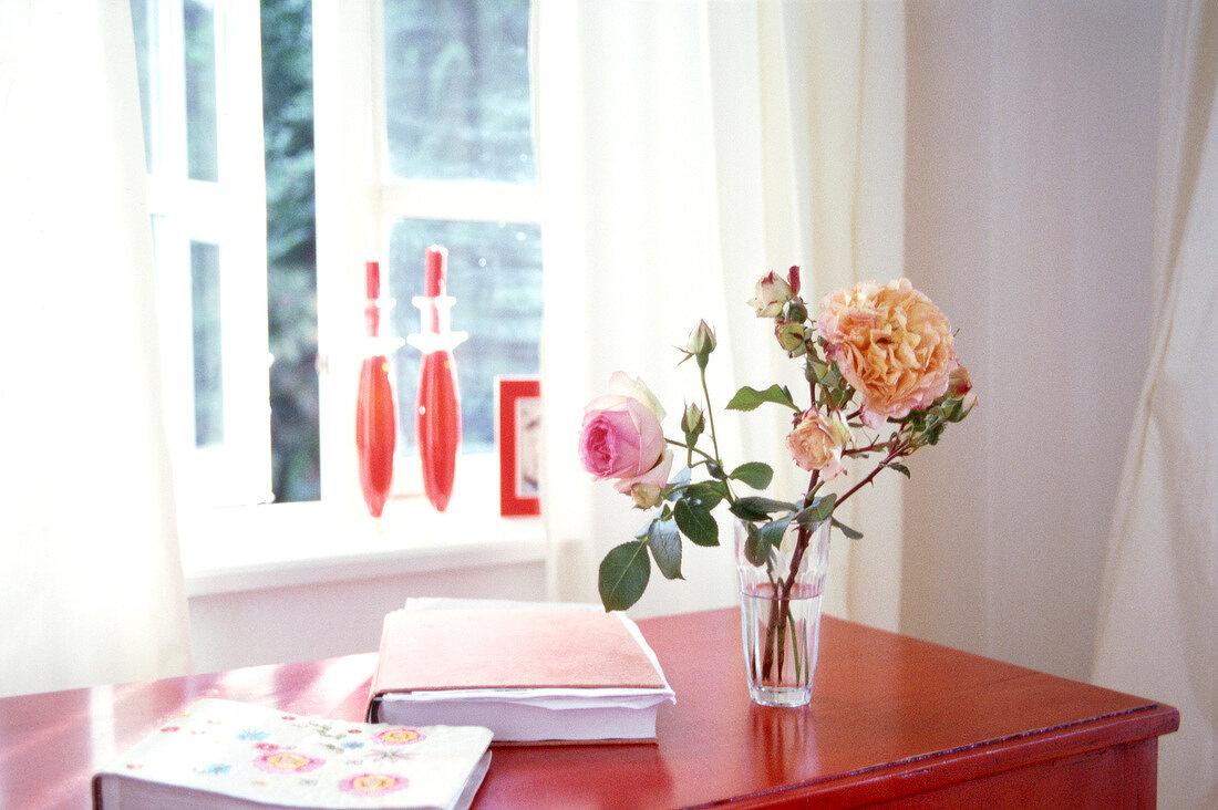 Pink roses in glass and books on red table beside open window