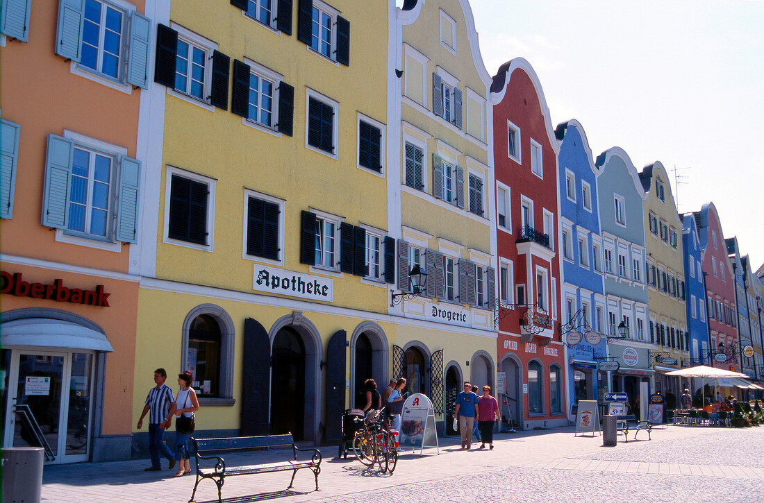 View of colourful houses in marketplace at Passau, Germany