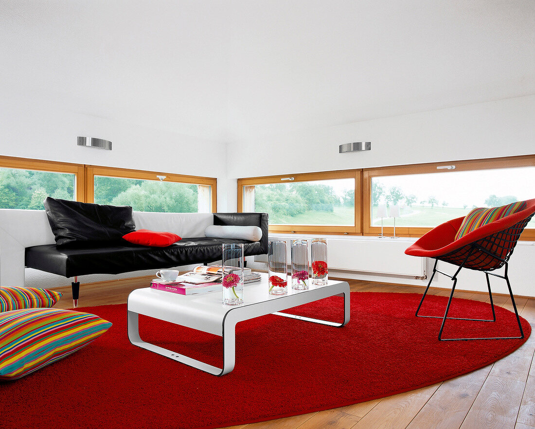 Living room with leather sofa and round red carpet