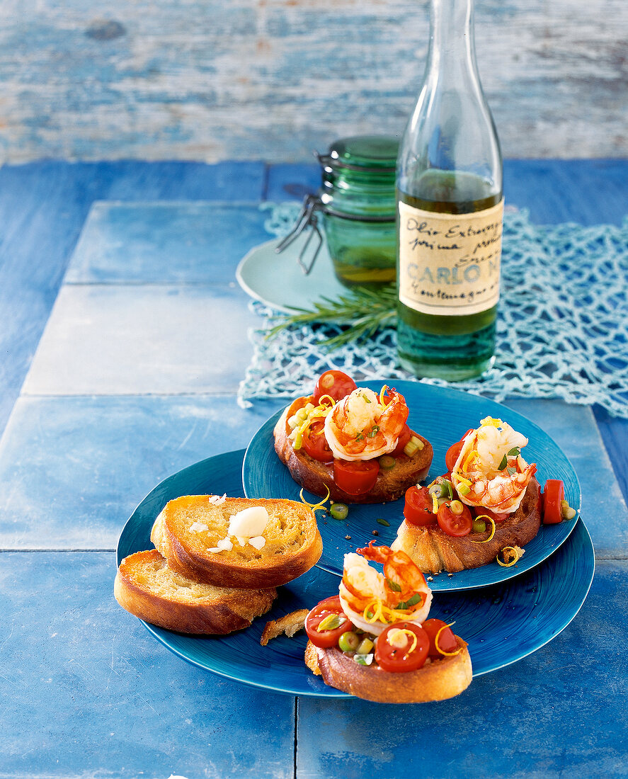 Bruschetta with bread, shrimp and tomato