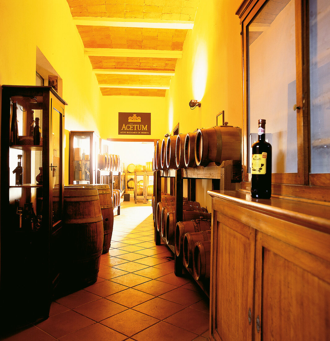Storage space of vinegar in wooden barrels, Modena, Italy