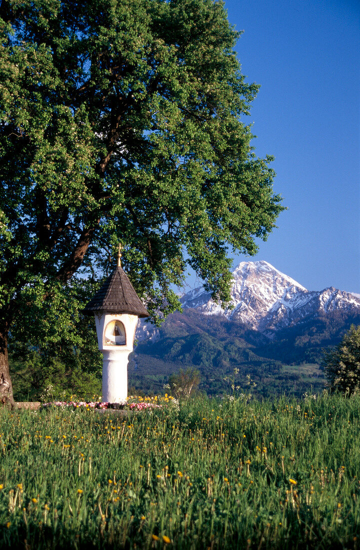 View of mountains overlooking spire of Mary in a meadow
