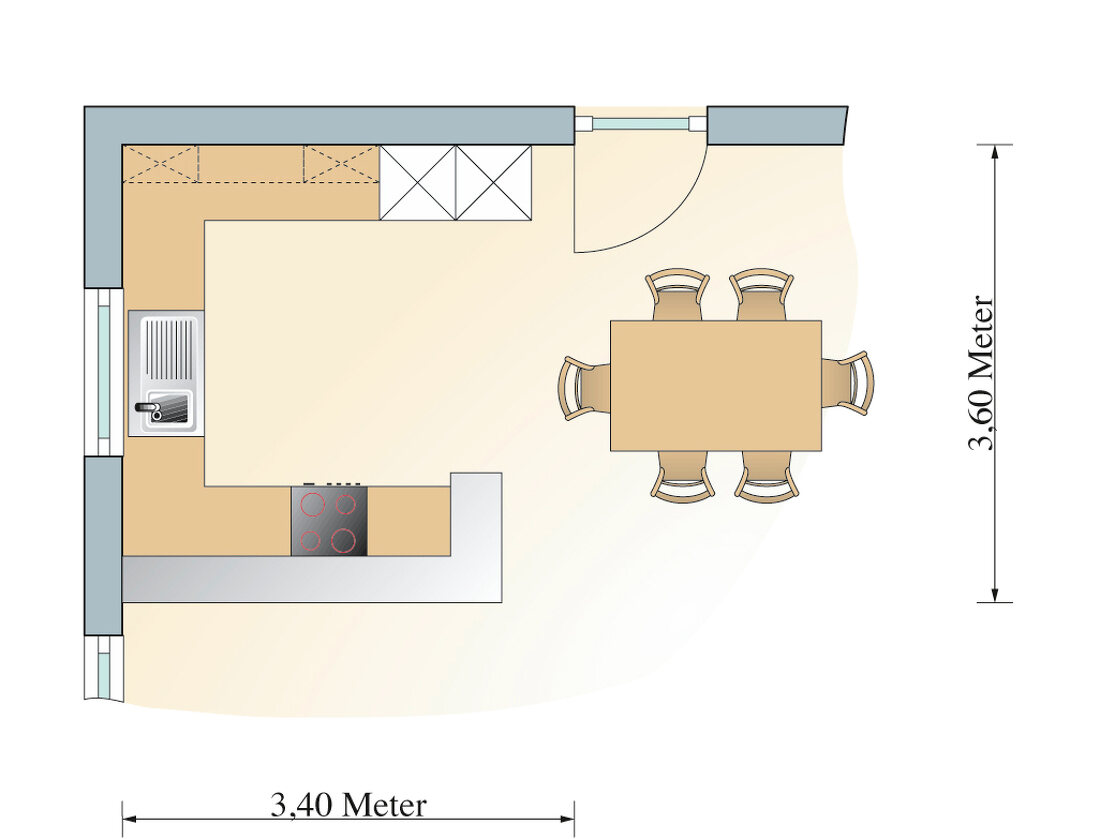 Illustration: Küche mit Theke, Spüle einem Kühlschrank und Backofen