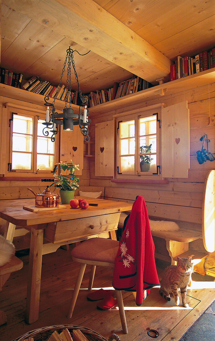 Dining area with wooden panel and furniture in hut