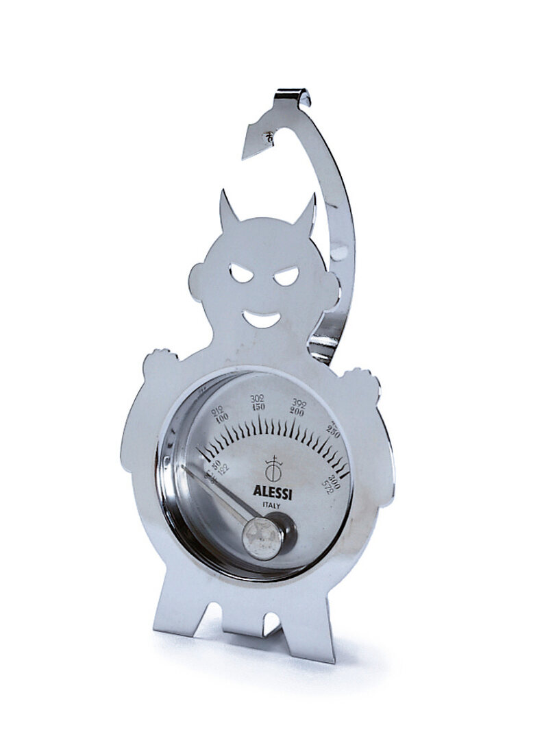 Thermometer als Teufelsfigur aus Edelstahl f. Ofen, Glas gehärtet