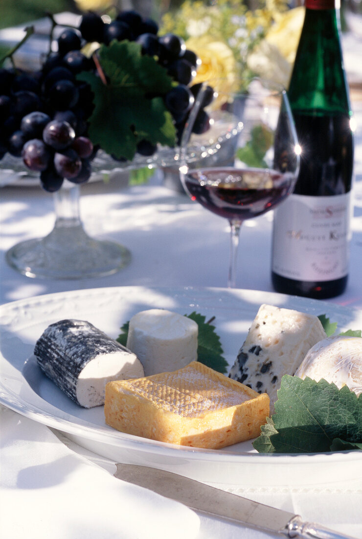 Variety of soft cheese on plate with red wine and grapes on table