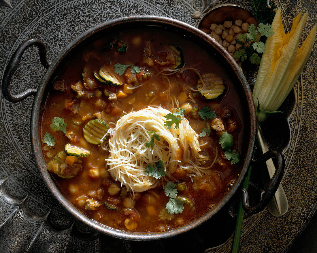 Vegetable soup with vermicelli in casserole 