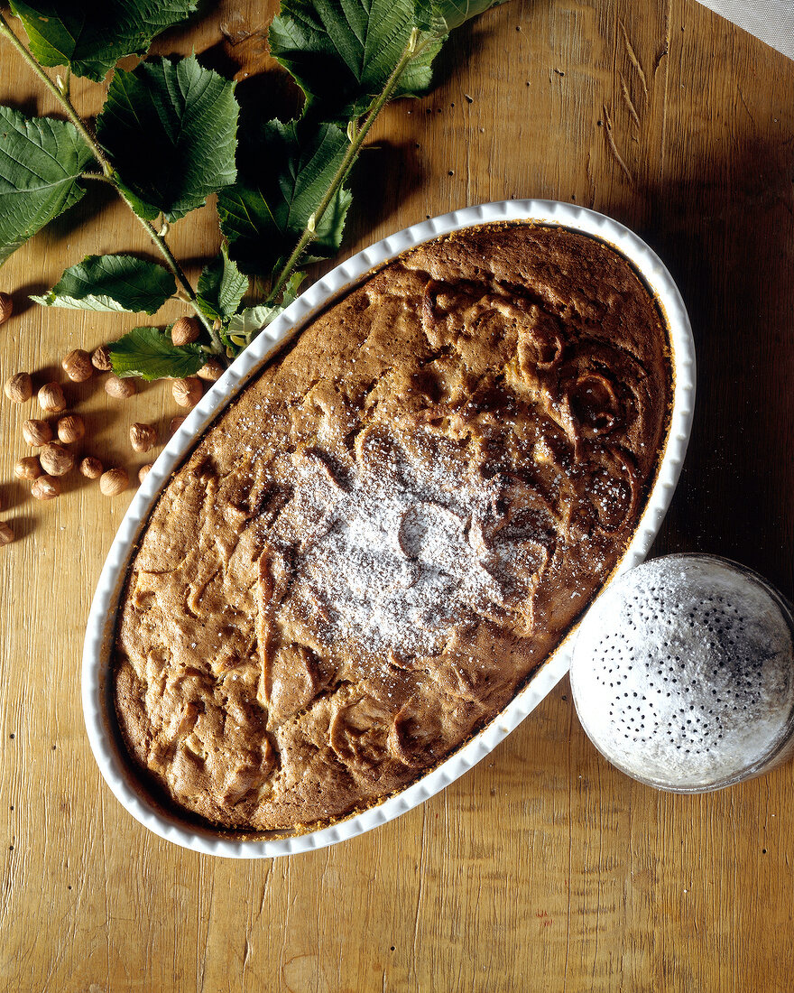 Viennese nut pasta with icing sugar in baking dish