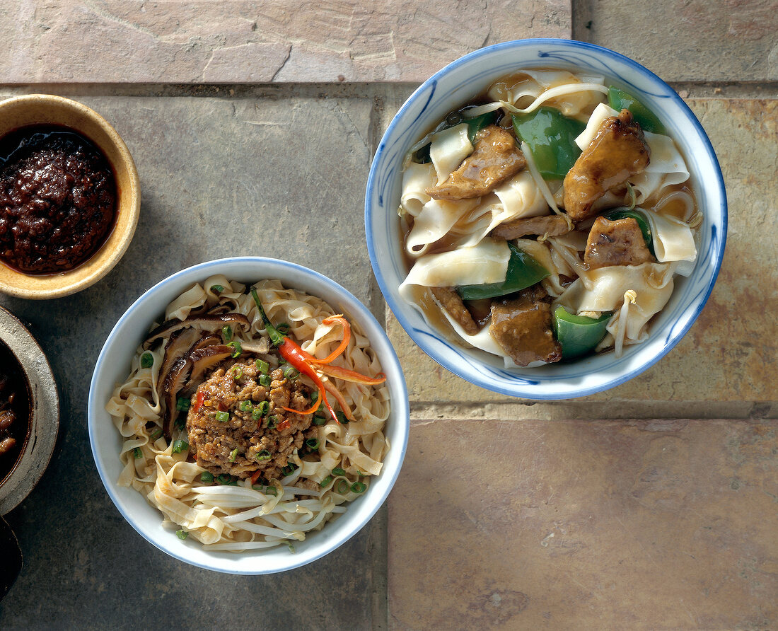 Two bowls of pasta with meat sauce szechuan and rice noodles with beef