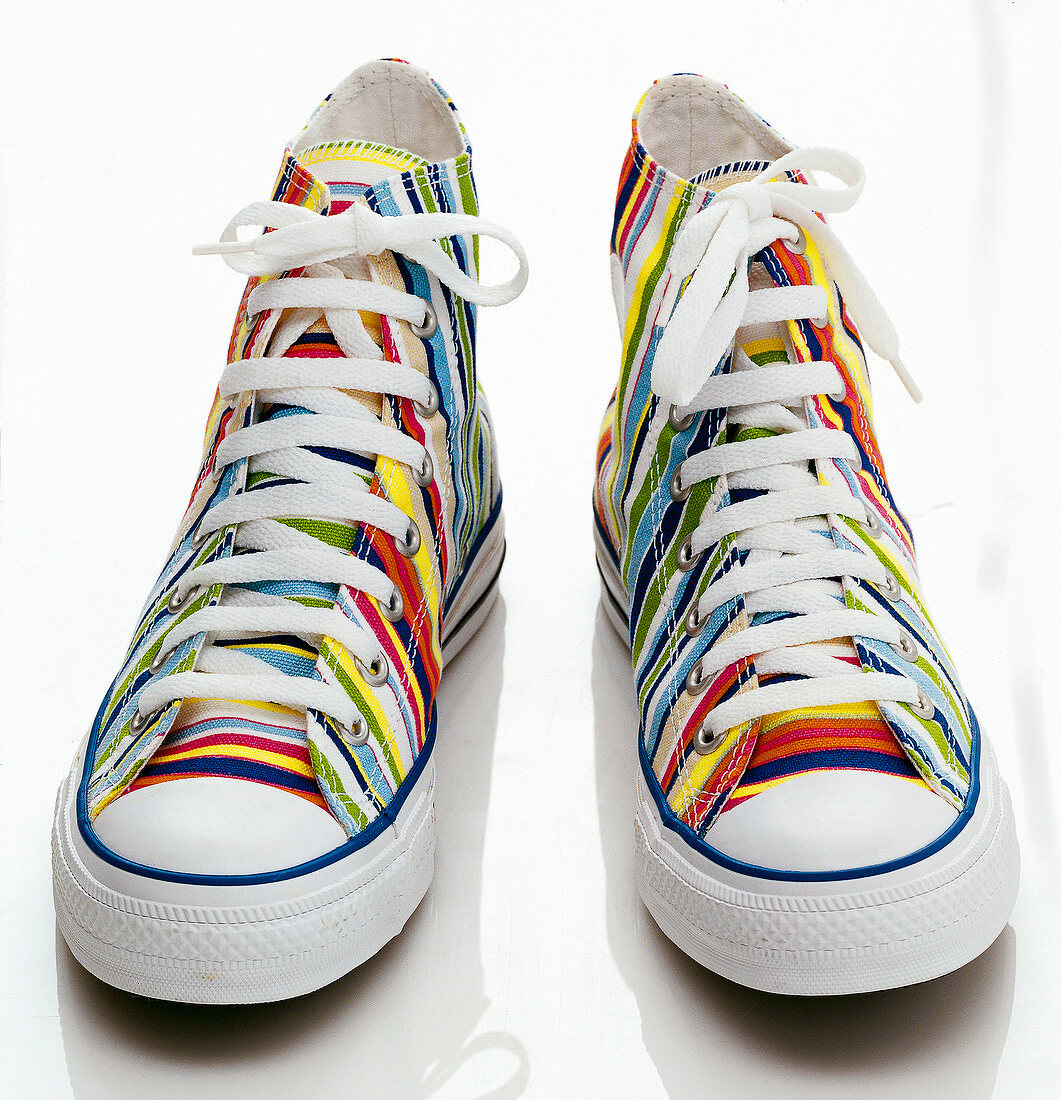 Close-up of colourful striped wool sneakers