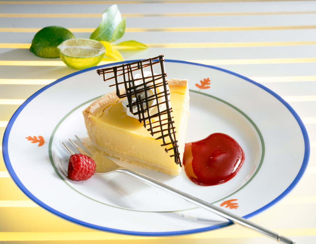 Lime cake with chocolate lattice on plate