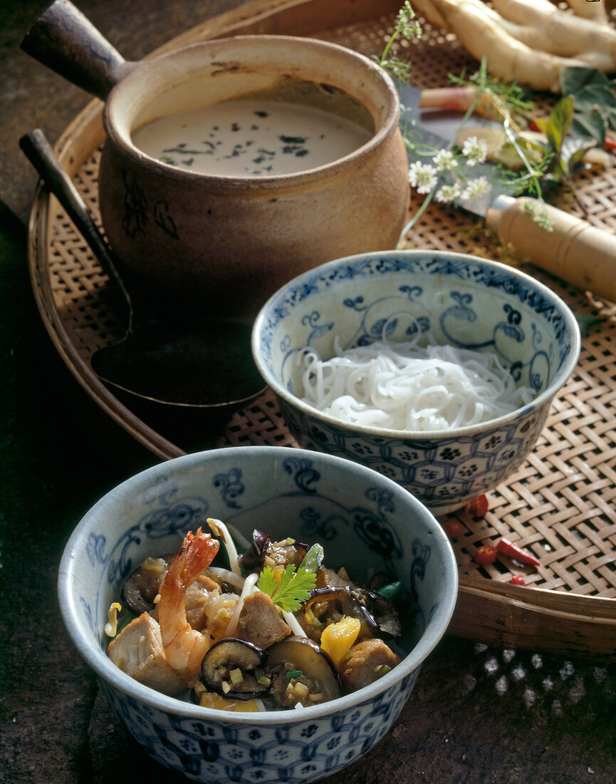 Rice noodles and vegetables noodle soup from Laos in bowl