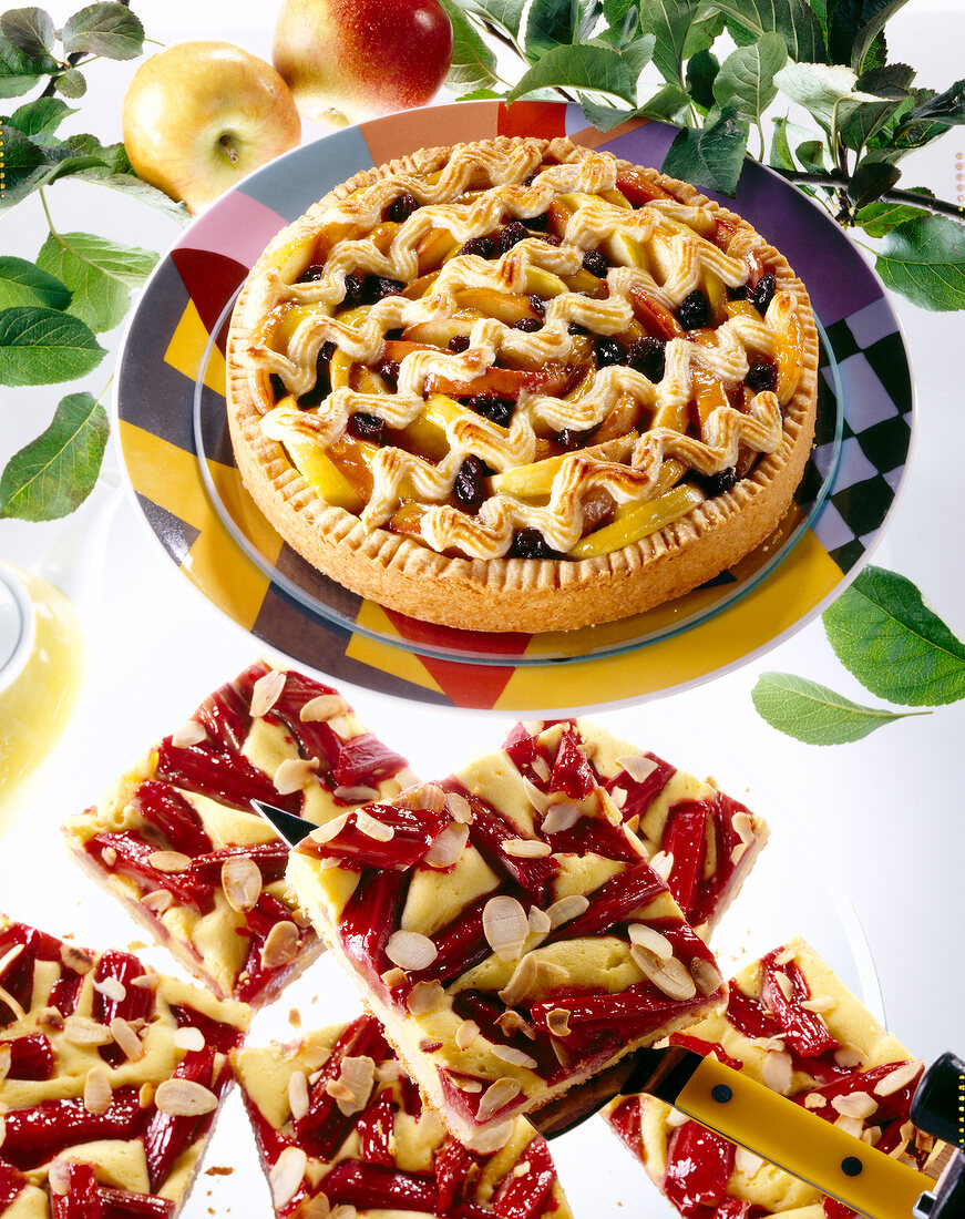 Close-up of an apple macaroon cake and a rhubarb cake