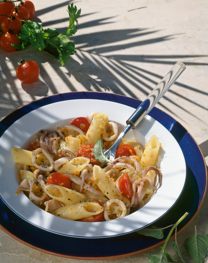 Close-up of penne with squid on plate