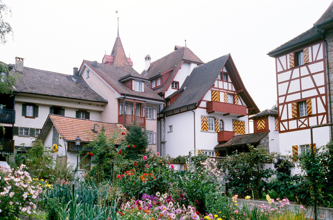 Flower beds in front of medieval houses in Sempach, Sursee, Switzerland
