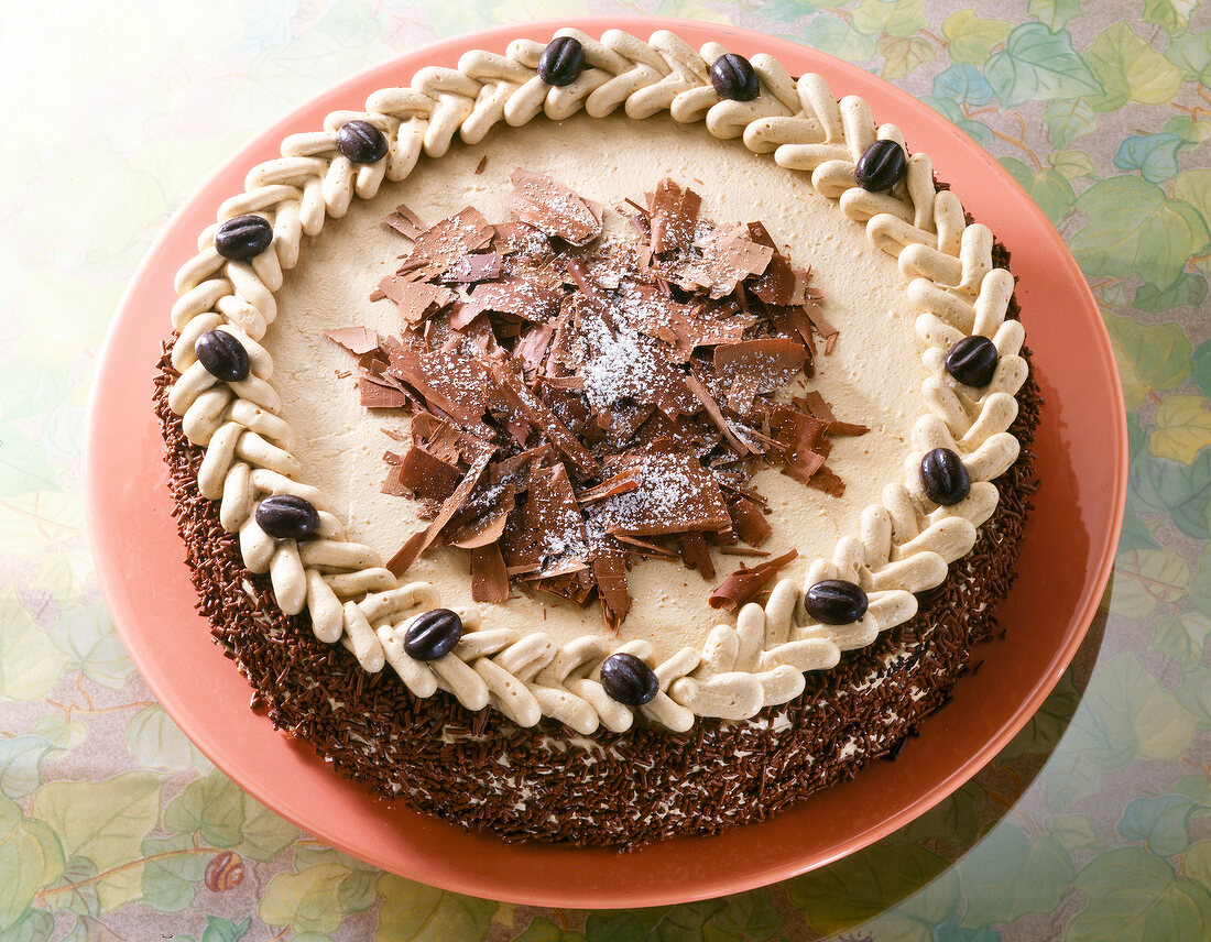 Torte mit Mokka-Buttercreme, mit Schokolade + Mokkabohnen verziert