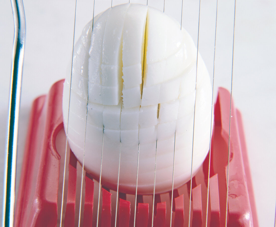 Close-up of egg sliced with an egg slicer