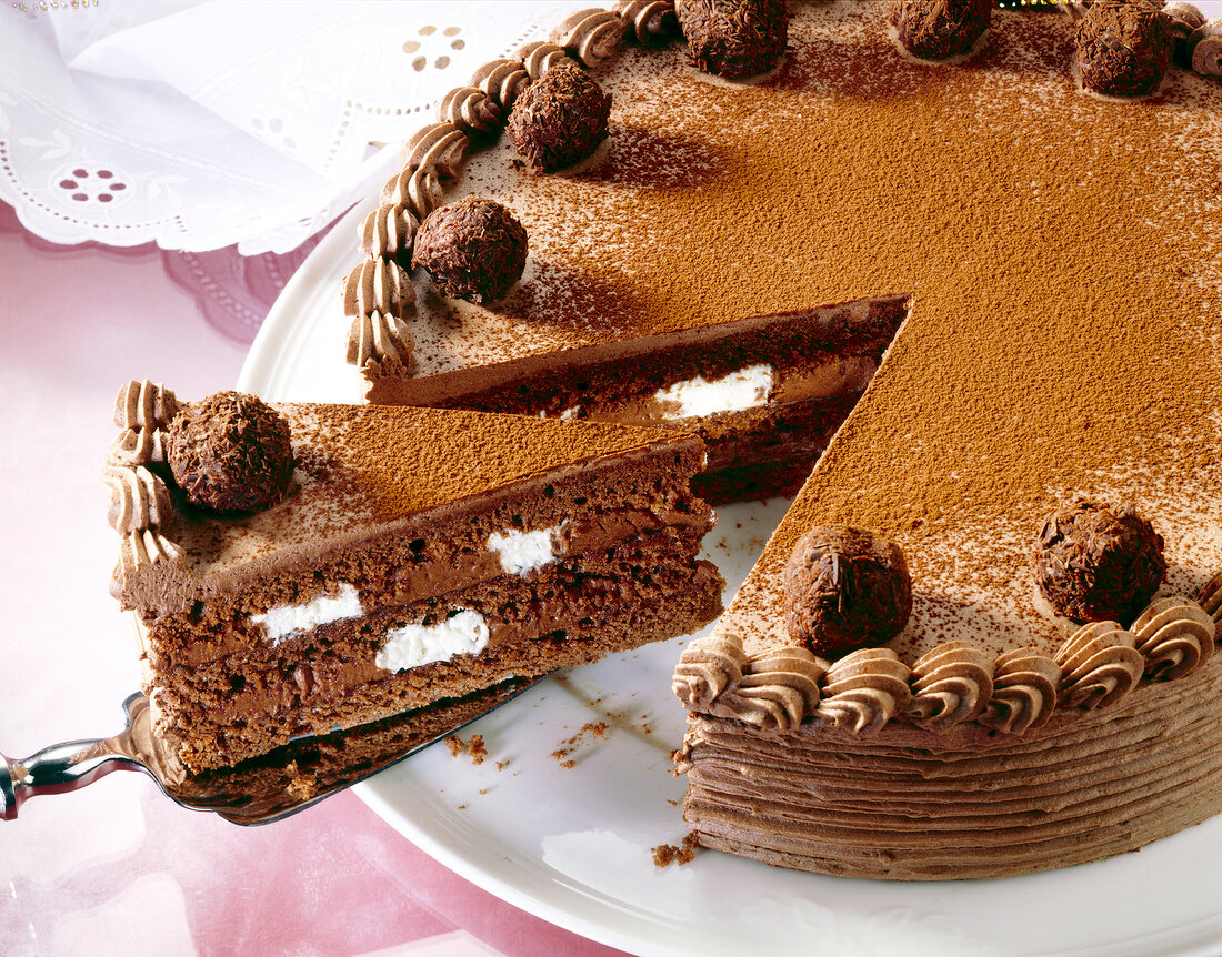 Close-up of chocolate cake with slice of cake on spatula