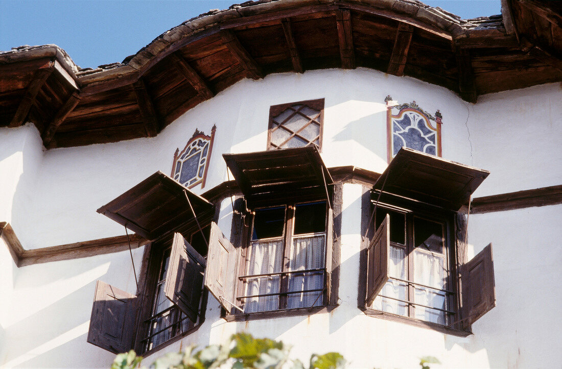 Close-up of traditional wooden window of house in Makrinitsa, Greece