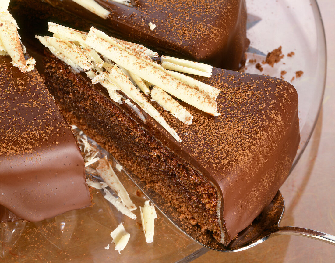 Close-up of slice of sacher cake with redcurrant jelly on spatula