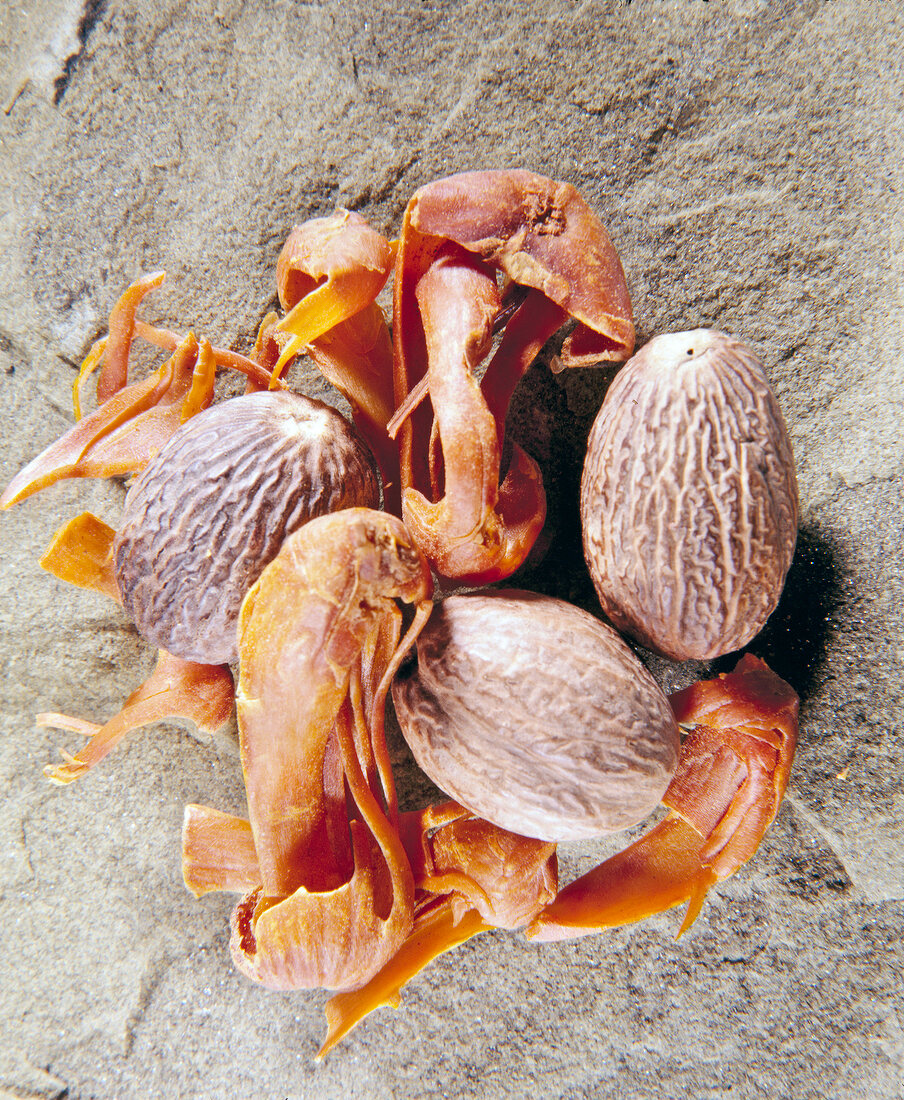 Close-up of nutmeg and flowers on stone, overhead view