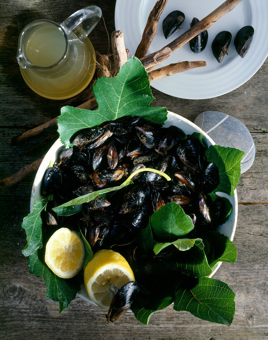 Bowl of mussels and lemon decorated with leaves, overhead view