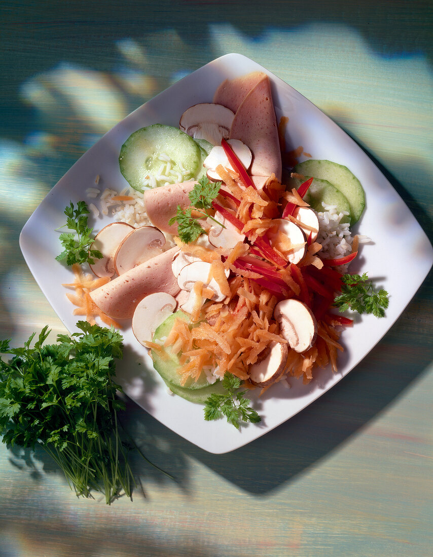 Reissalat mit Paprika, Möhre und Geflügelwurst auf Teller