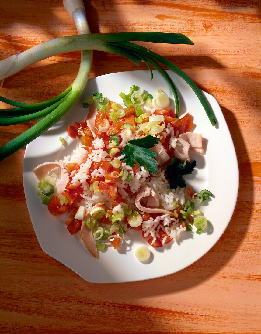 Risotto with turkey breast and spring onions on plate