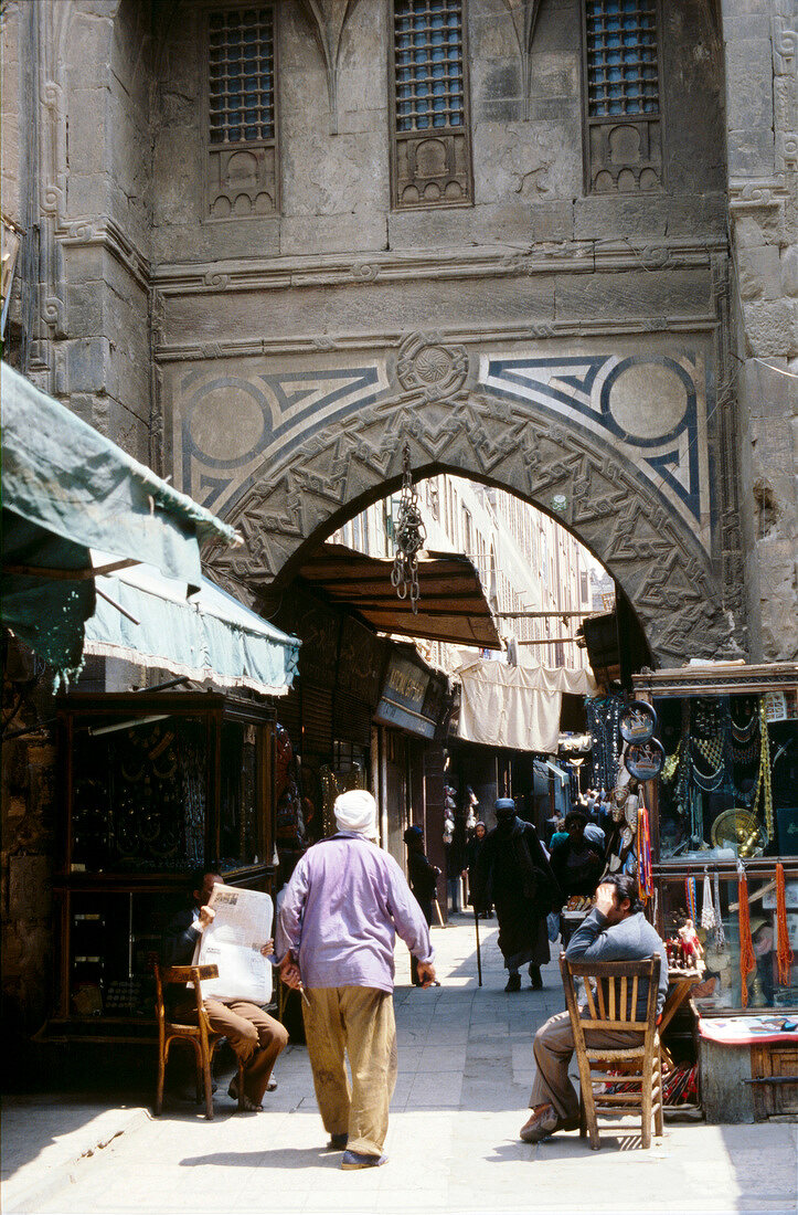 People walking on streets of Cairo's Khan-el-Khalili bazaar, Egypt