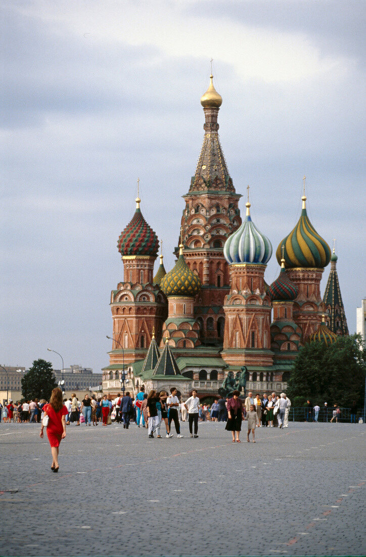 Tourist at St. Basil's Cathedral in Moscow, Russia