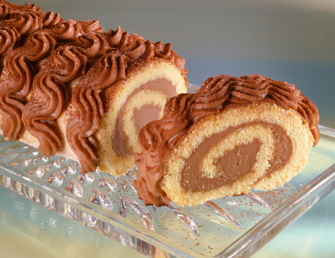 Close-up of Swiss roll with nougat cream