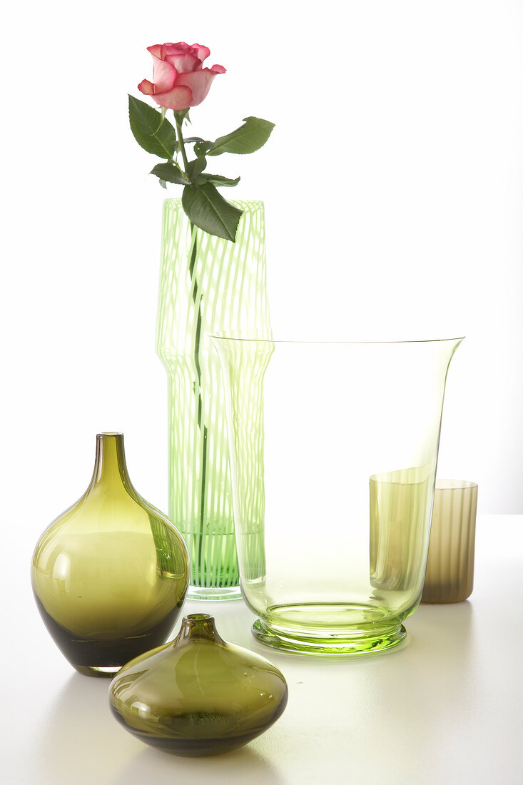 Rose in green vase with various vases on side