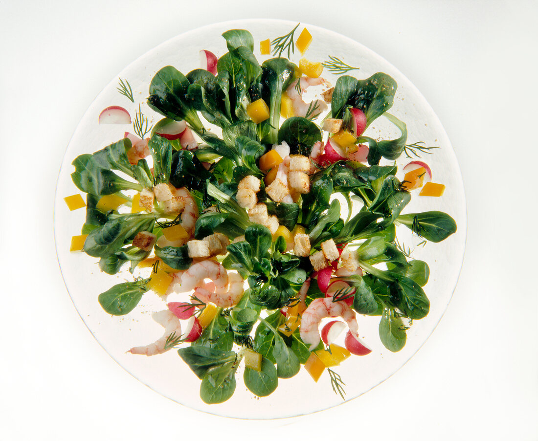 Feldsalat mit Garnelen, Radieschen und Paprika auf Teller
