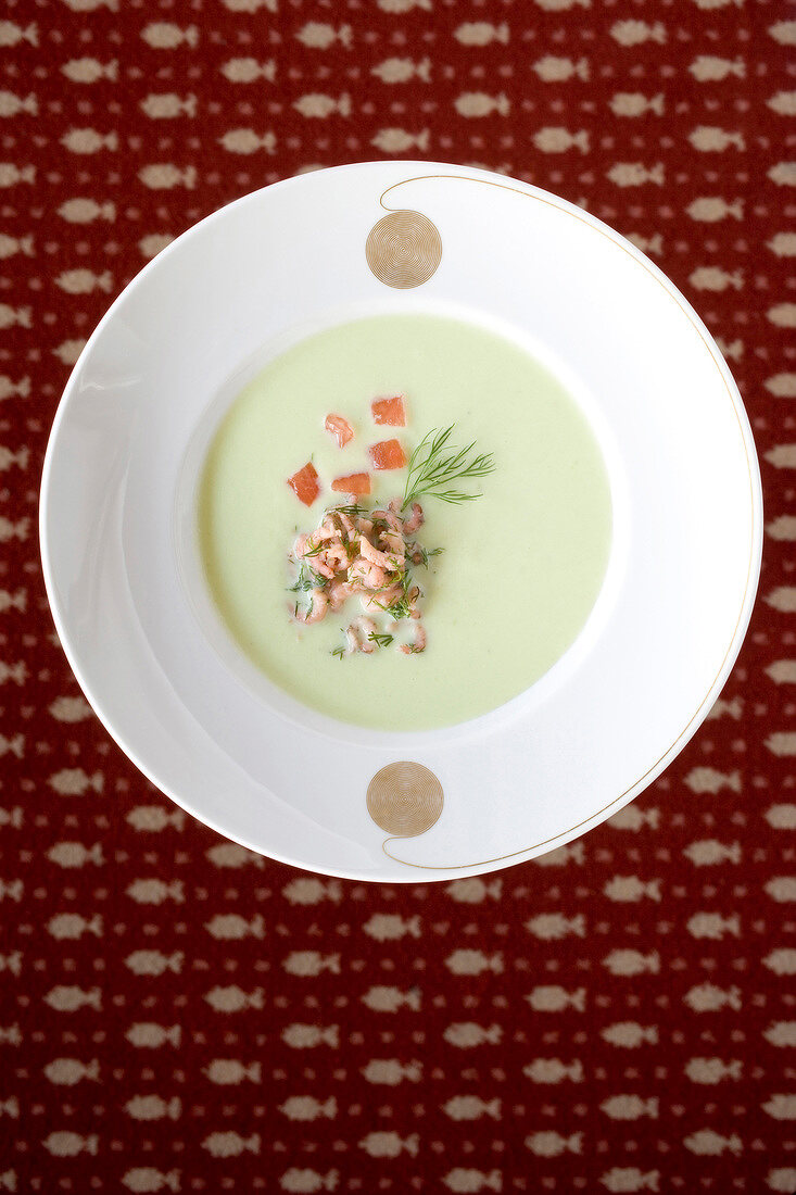 Cold cucumber soup with north sea shrimps and dill