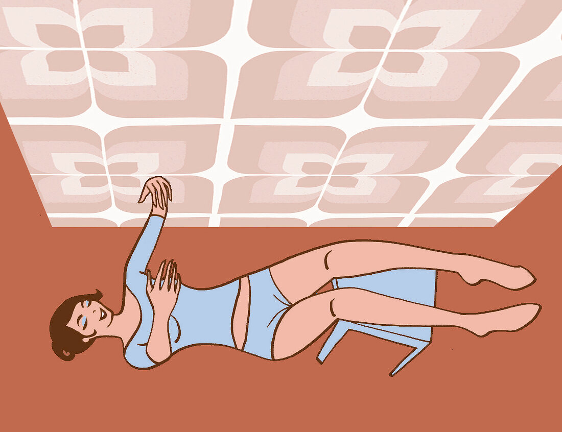 Illustration: Frau liegt auf dem Boden, Beine auf  Hocker, Arme hoch
