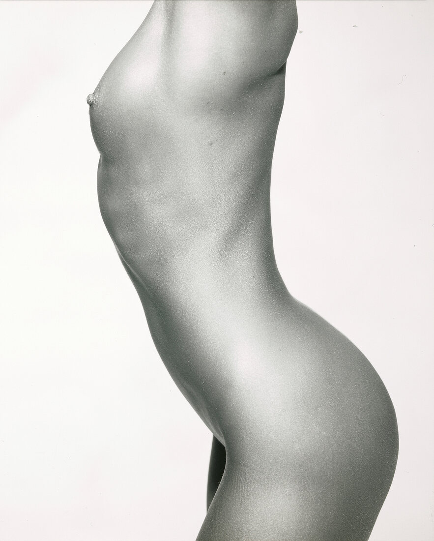 Side view of woman's torso, black and white
