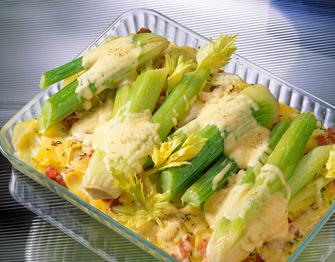 Baked celery and potatoes in casserole