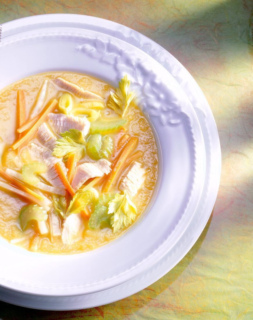 Bowl of vegetable soup with turkey