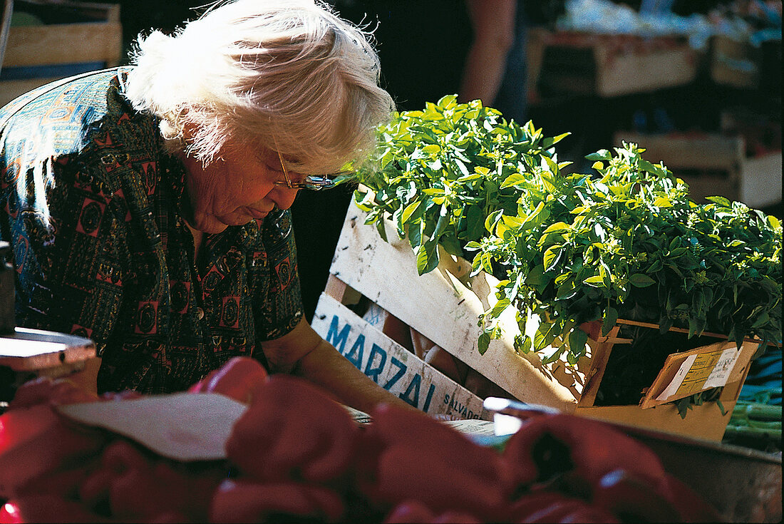 Kräuter und Knoblauch; Ältere Frau verkauft Basilikum auf Markt