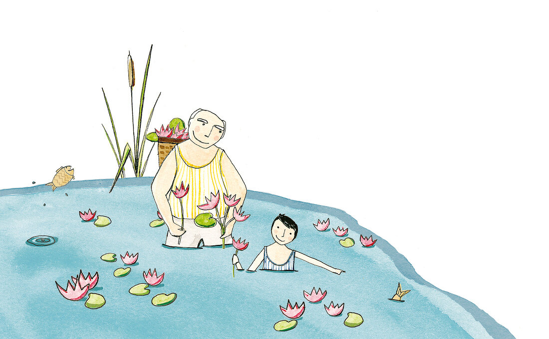 Großvater und Enkel sammeln Seerosen in einem Teich
